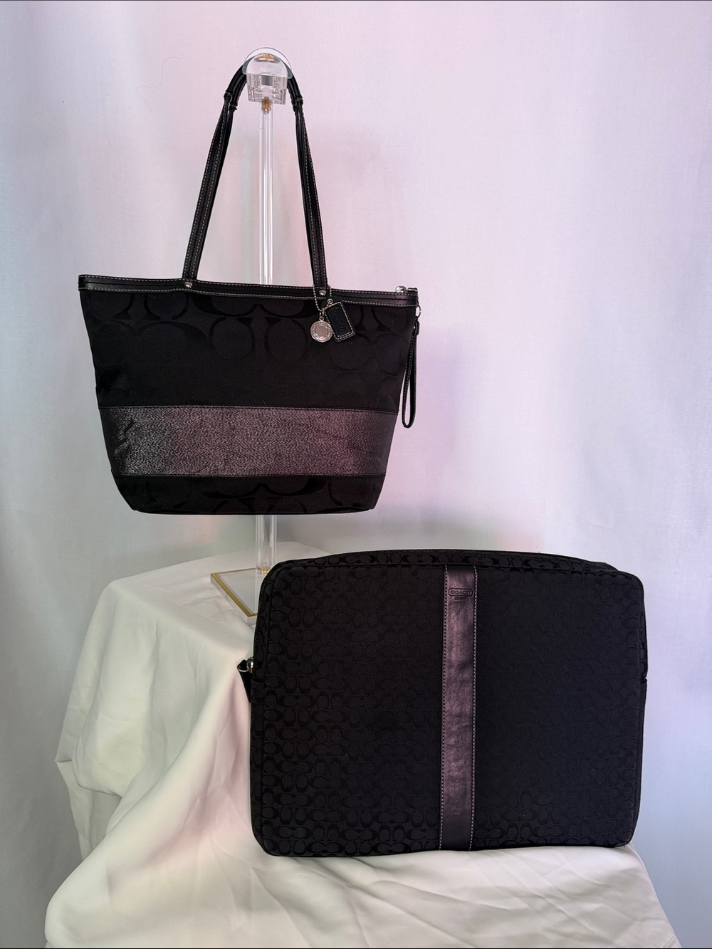 Rare VNTG Coach Y2K Black Signature Stripe Tote & Matching Laptop Sleeve Set